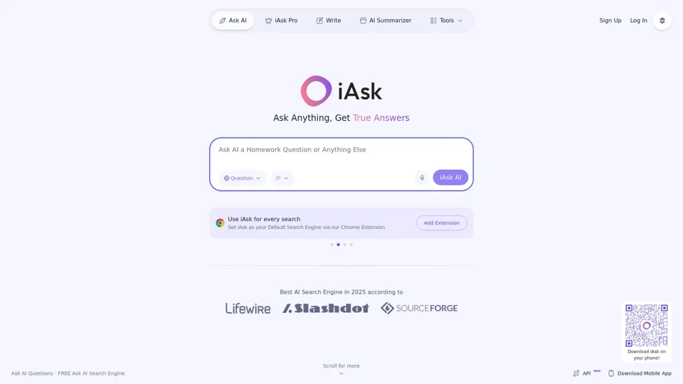 Ask AI Questions · Question AI Search Engine · iAsk is a Free Answer Engine - Ask AI for Homework Help and Question AI for Research Assistance