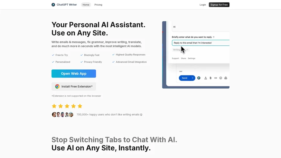 ChatGPT Writer: Use AI on Any Site. Powered by GPT-4.1, Claude, and Gemini. Free to Try.