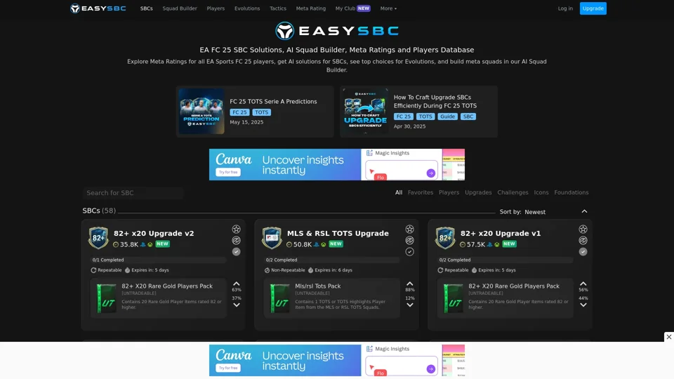 EA FC 25 SBC Solutions, AI Squad Builder, Meta Ratings and Players Database - EasySBC