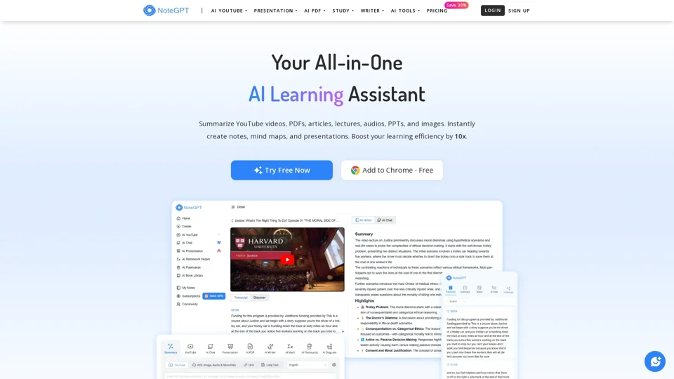 NoteGPT - Your All-in-One AI Learning Assistant. Summarize, Chat & Write – Fast & Free.