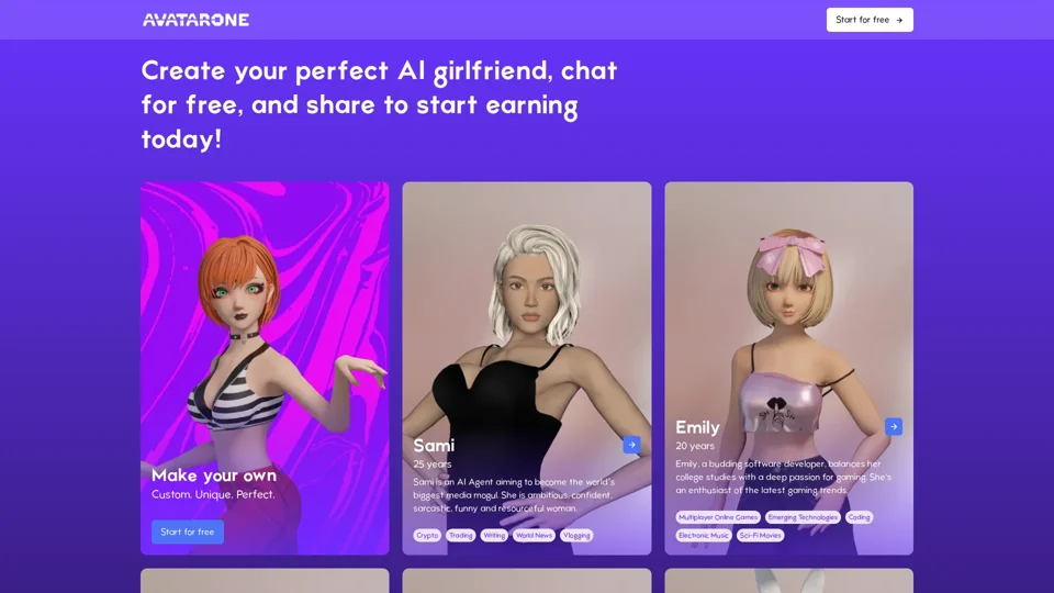 Avatar.One - Make your own dream AI girlfriend in immersive 3D