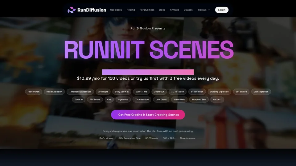 RunDiffusion Video Scenes - AI Video Effects Generator | Face Punch, Disintegrate & More